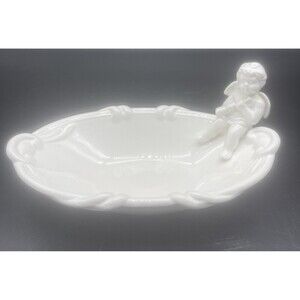 VTG Omnibus Fitz & Floyd Cherub White Angel Oval Candy Trinket Dish 8.5”
